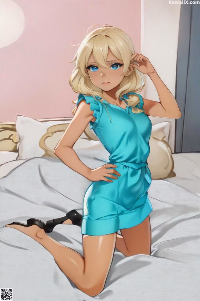 A woman in a blue dress sitting on a bed.