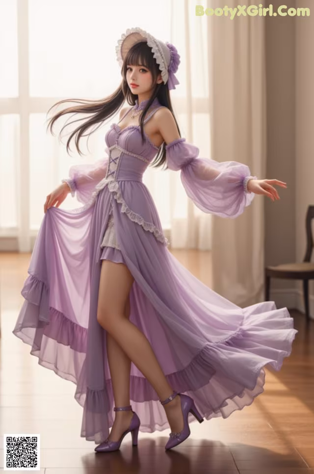 A woman in a purple dress is posing for a picture.