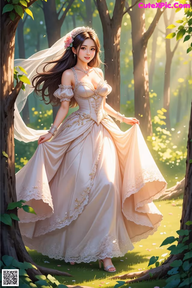 A woman in a wedding dress standing in the woods.
