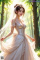 A woman in a wedding dress standing in the woods.