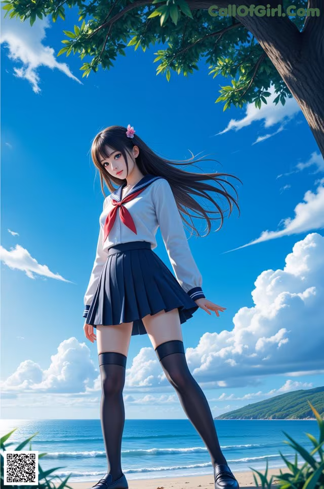 A woman in a school uniform standing on a beach.