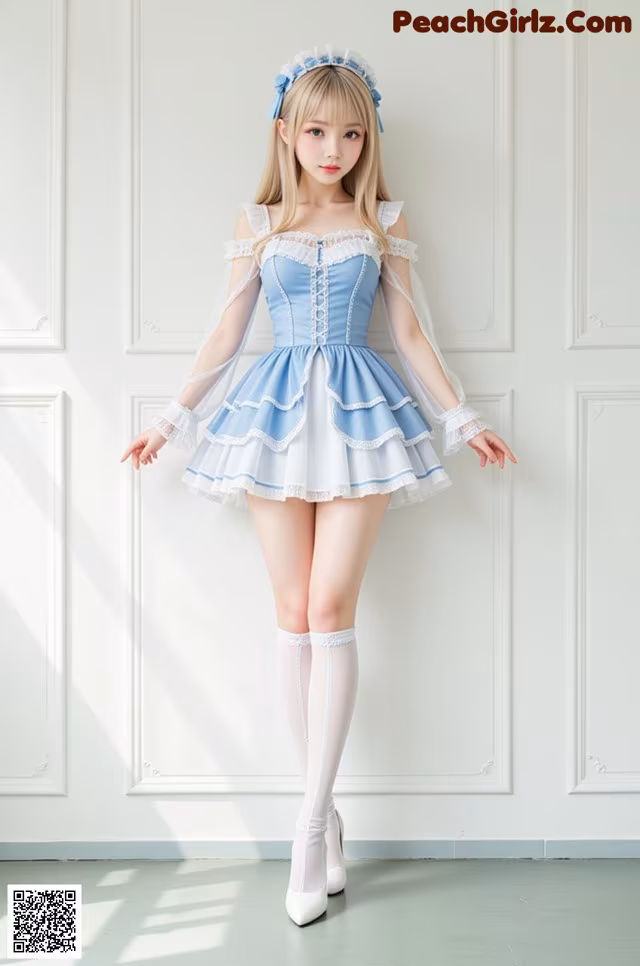 a woman in a blue and white dress posing for a picture