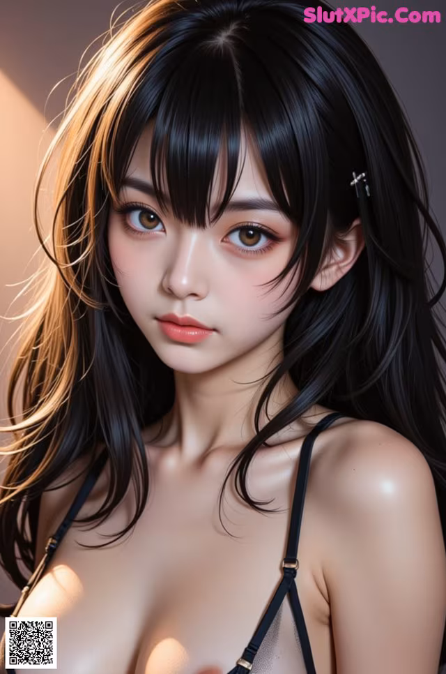 A woman with long black hair wearing a black bra.