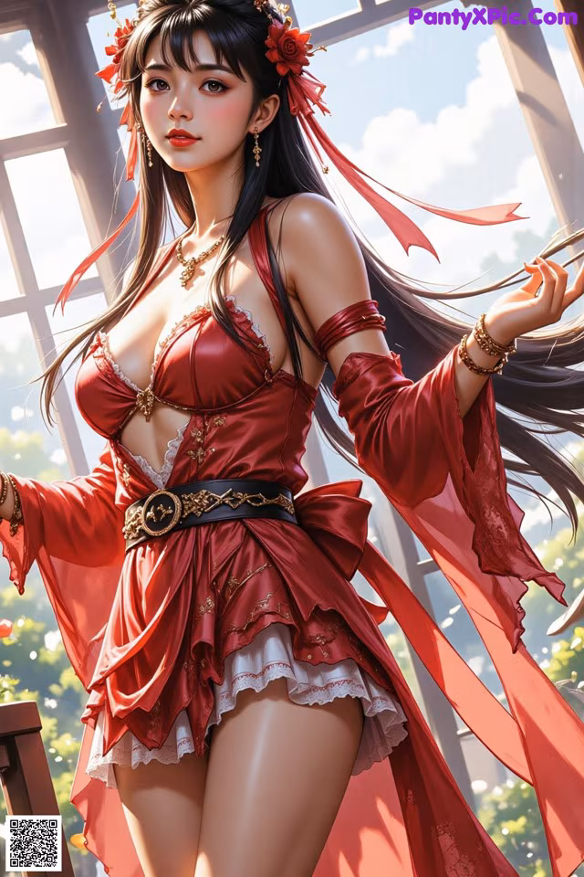 A woman in a red dress with long black hair.