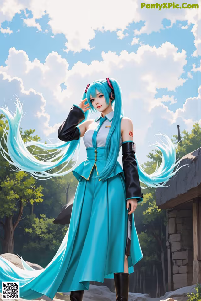 A woman in a blue dress with long blue hair standing in front of a building.
