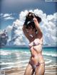 A woman in a bikini standing on a beach.