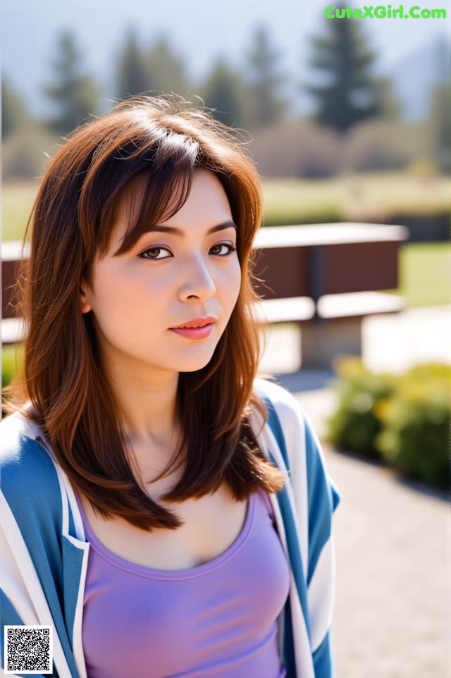 A woman in a purple tank top and a blue and white jacket.