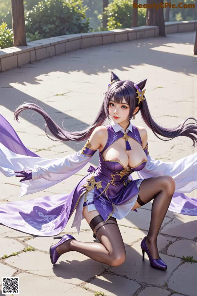 A woman in a purple and white outfit is posing for a picture.