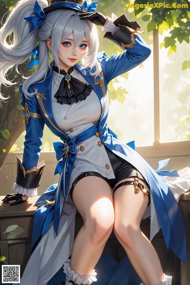A woman in a blue and white outfit sitting on a bench.