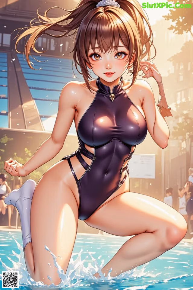A woman in a black bathing suit sitting in a pool.