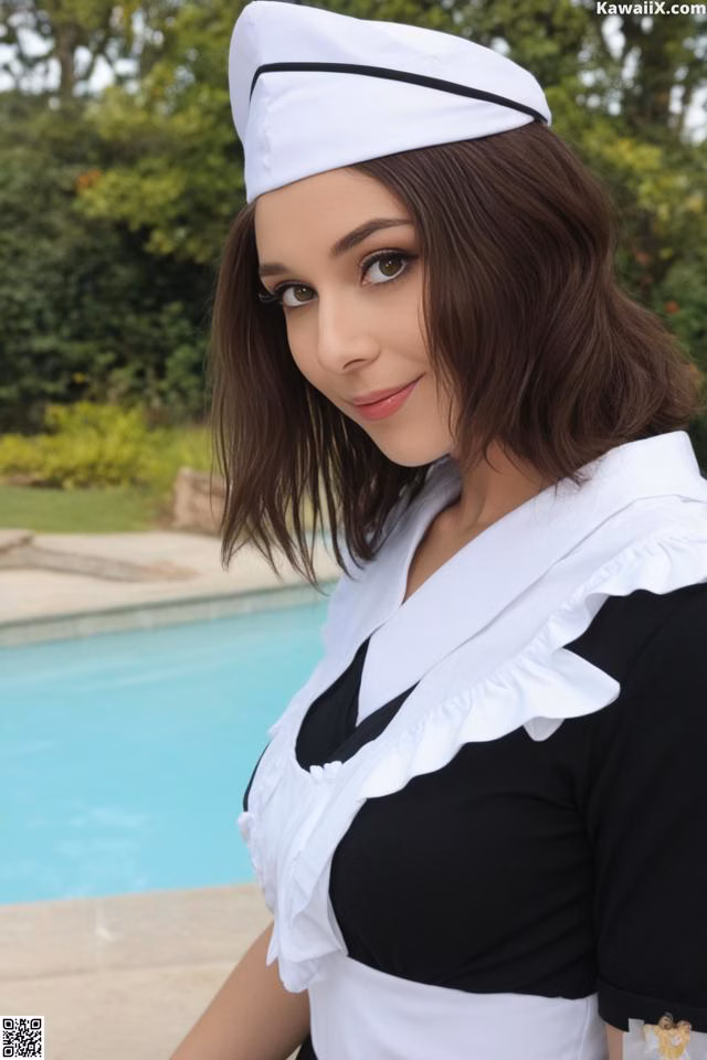 A woman in a sailor outfit posing by a pool.
